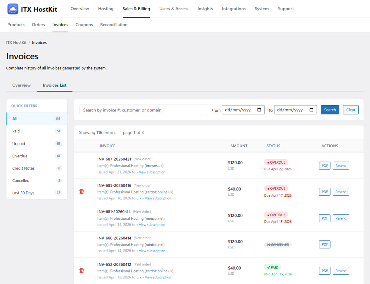 ITX HostKit List of Invoices